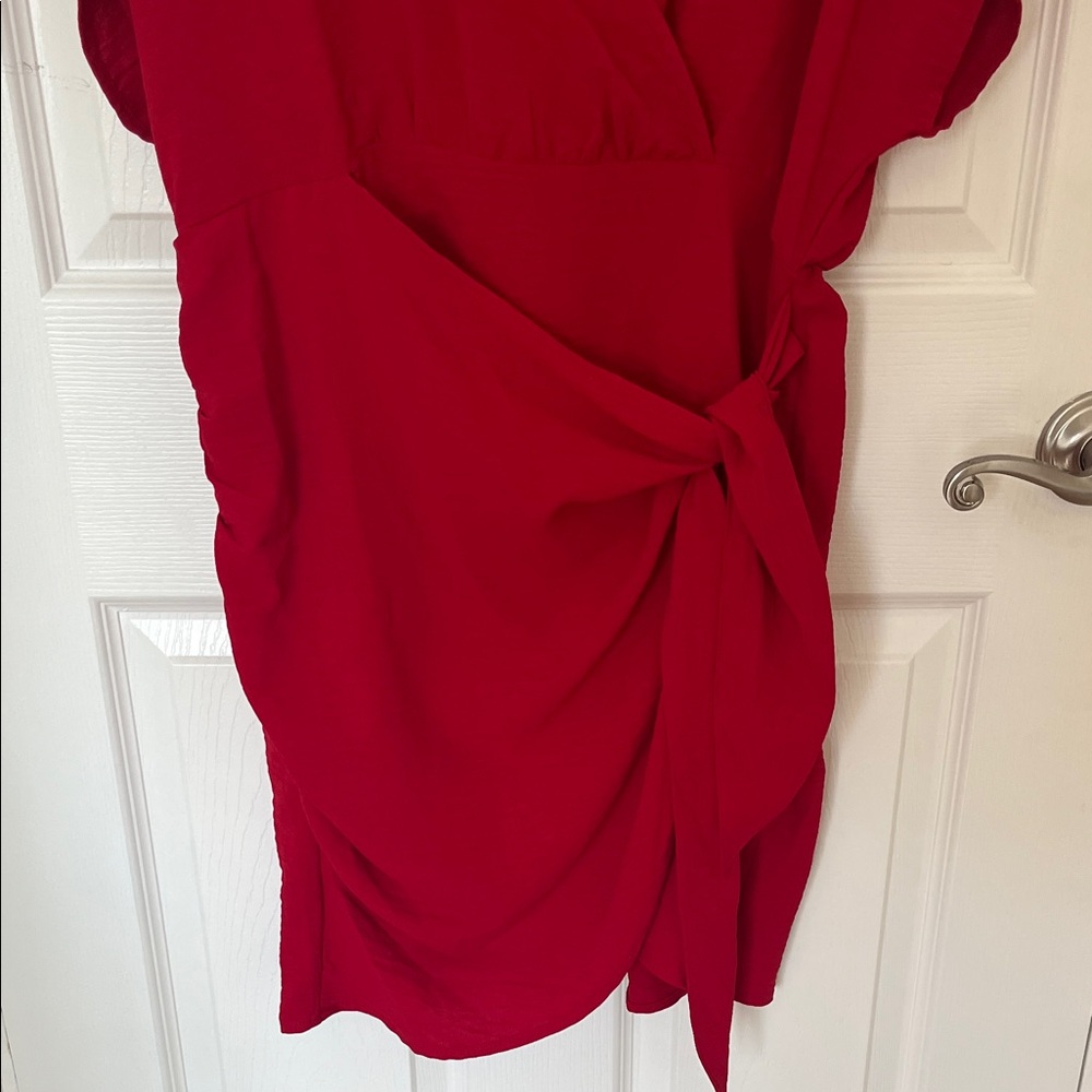 Red Wrap Mini Dress with Knot Detail - Picture 4 of 6